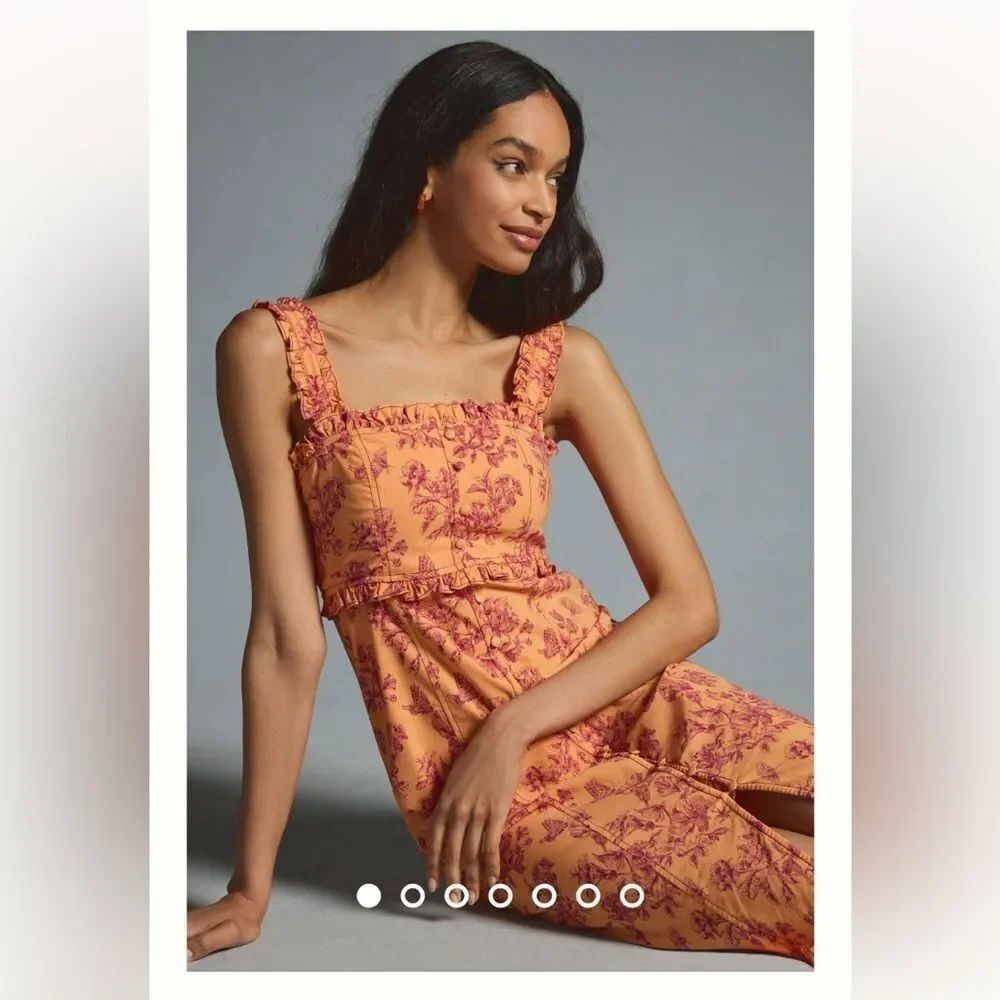 Anthropologie The Linden Slim Square-Neck Dress Color: ORANGE MOTIF Medium